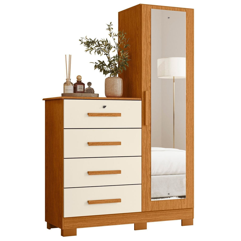 Cômoda Sapateira com Espelho 4 Gavetas 1 Porta Cancun Espresso Móveis Bege/Cinamomo/Off White