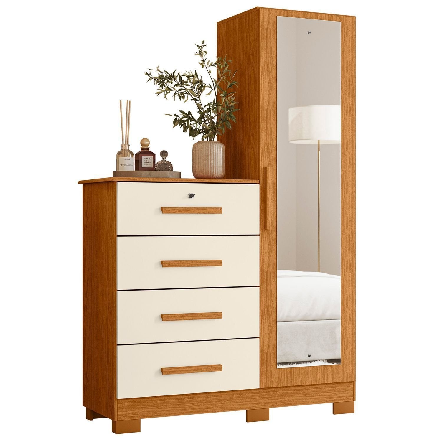 Cômoda Sapateira com Espelho 4 Gavetas 1 Porta Cancun Espresso Móveis Bege/Cinamomo/Off White