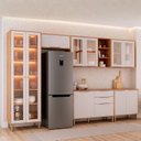 Cozinha Modulada 6 Peças Brilhante Cristaleira 2 Balcões 3 Armários Aéreos Bege/Cinamomo/Platina