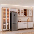 Cozinha Modulada 6 Peças Brilhante Cristaleira 2 Balcões 3 Armários Aéreos Bege/Cinamomo/Platina