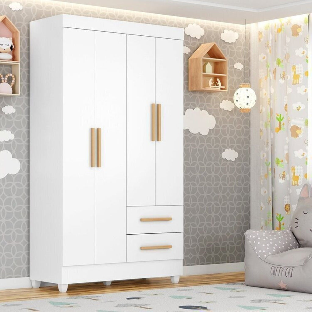 Quarto Bebê Infantil com Guarda-Roupa 4 Portas e 2 Gavetas e Cômoda 4 Gavetas Branco Móveis Leão