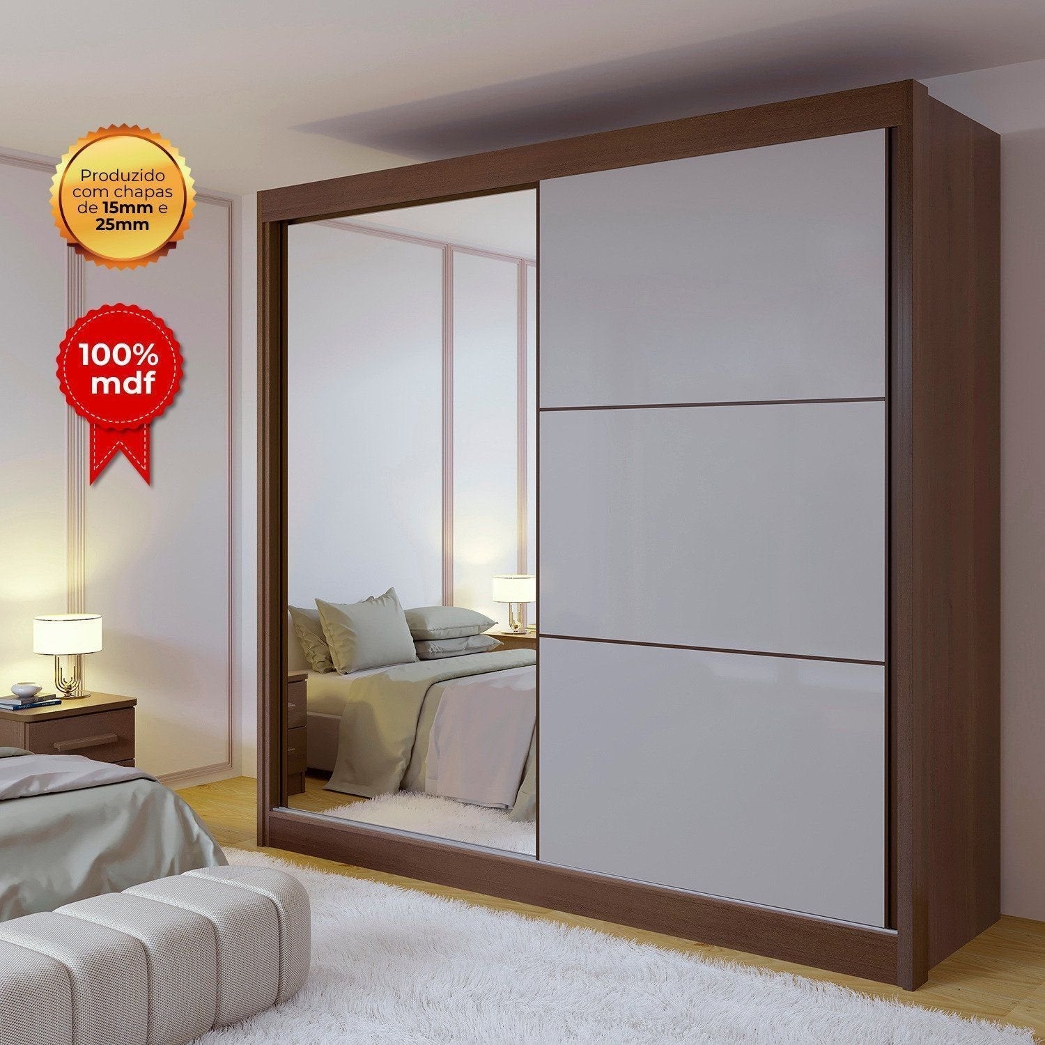 Guarda-Roupa Casal 2 Portas de Correr 6 Gavetas 100% MDF Coliseu D Doro Marrom/Castanho/Off White