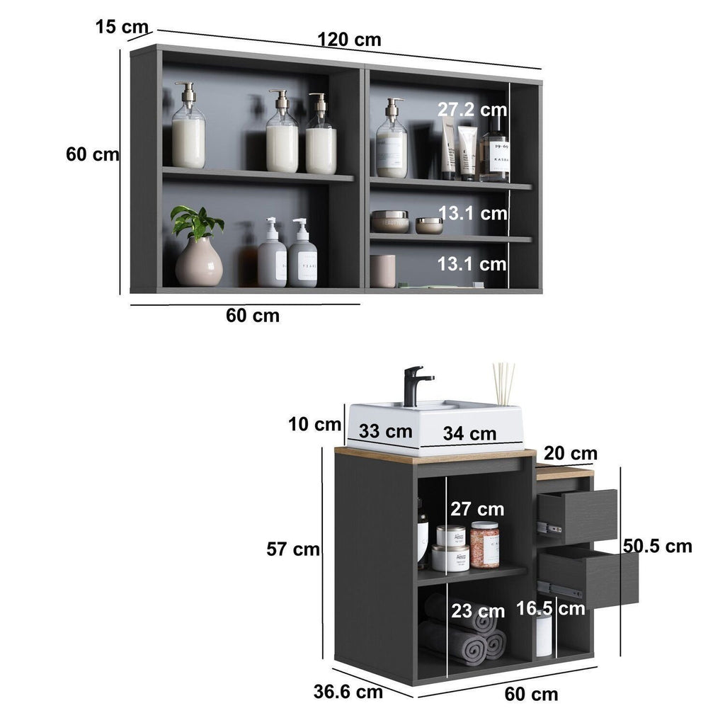 Conjunto para Banheiro Modulado 120cm 3 Peças Gabinete Suspenso com Cuba Bahamas Art in Móveis Grafite