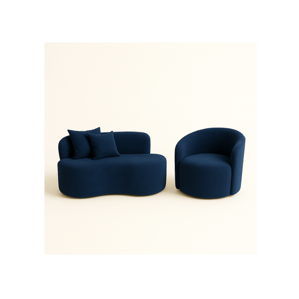 Conjunto Sala de Estar Gaia 1 Poltrona Sofá Curvo Orgânico Suede Azul Marinho MD Montanaris Decor