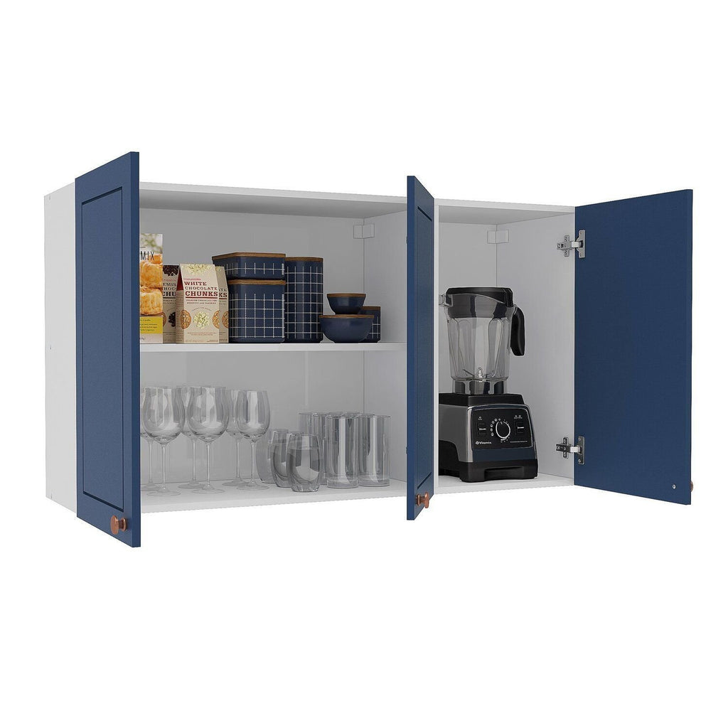 Armário Aéreo 3 Portas 120cm Pérola Yescasa Branco/Azul