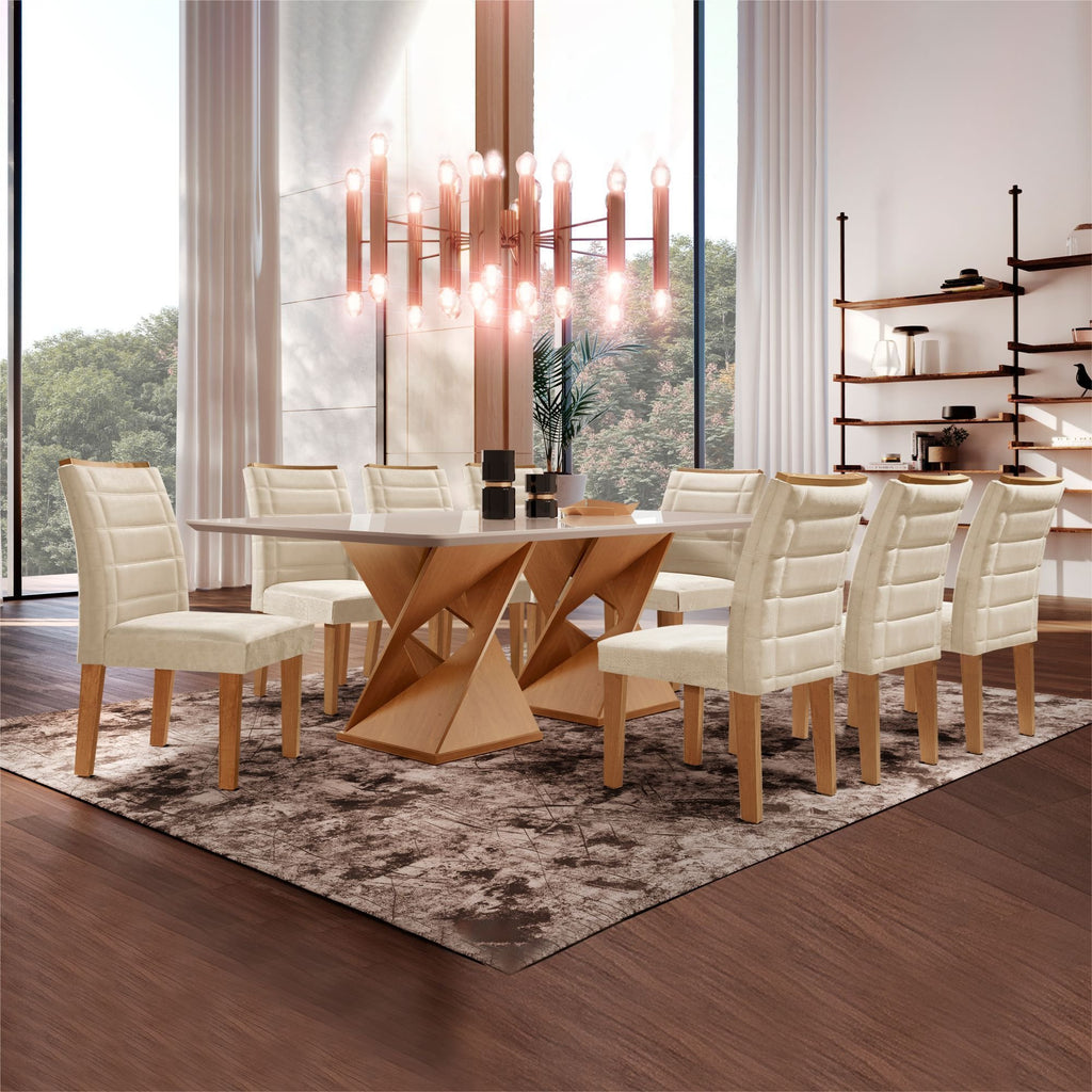 Conjunto Sala de Jantar Mesa Retangular Tampo Vidro/MDF com 8 Cadeiras Genova Smart Plus Cel Móveis