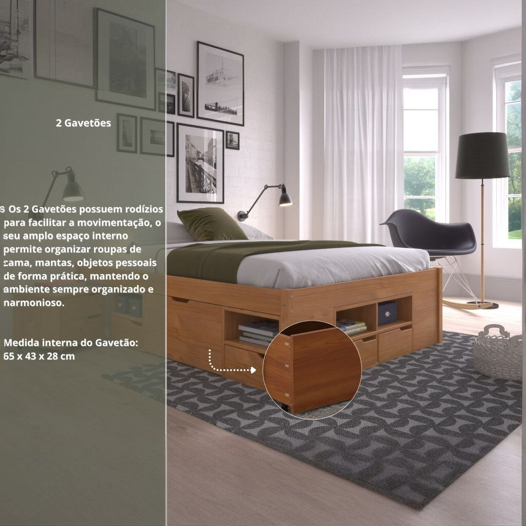 Cama Queen Multifuncional Madeira Maciça 6 Gavetas Charme Inter Link Marrom/Amendoa