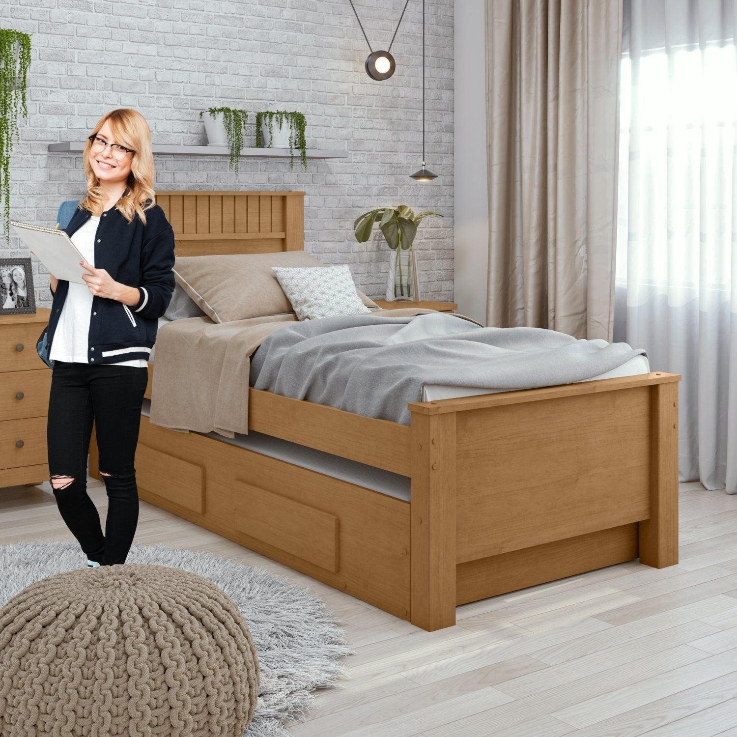 Bicama Solteiro com 2 Gavetas Athenas Móveis Lopas Marrom Amêndoa Clean/Off White