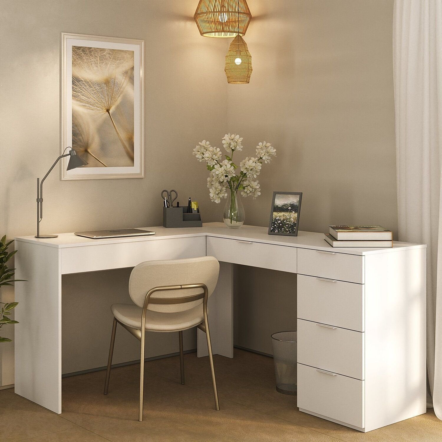 Escrivaninha em L com Mesa Escritório 5 Gavetas 152cm Branco Foscarini