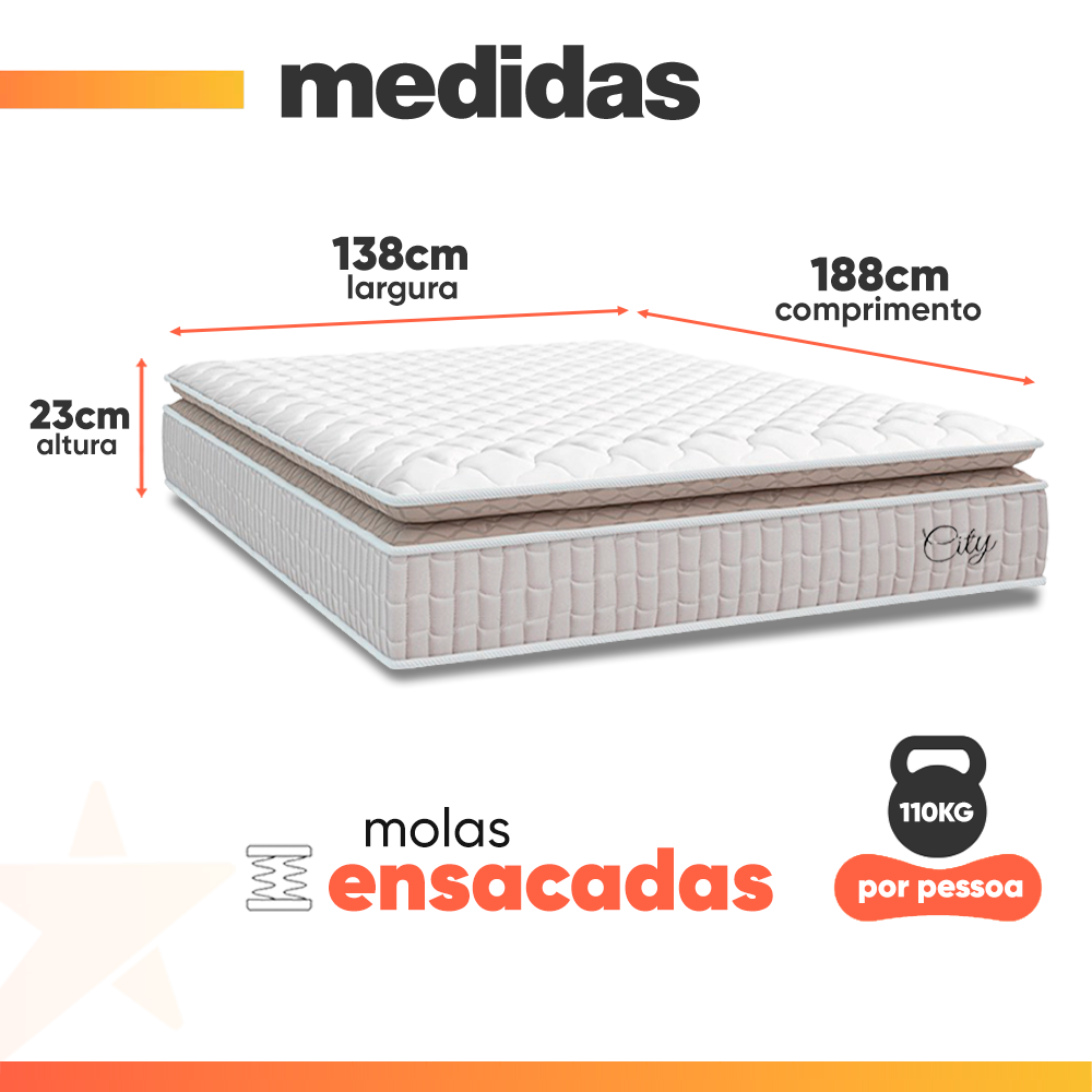 Cama Box Baú Colchão Casal Molas Ensacadas City Pillow Top Hellen 138x188x64cm