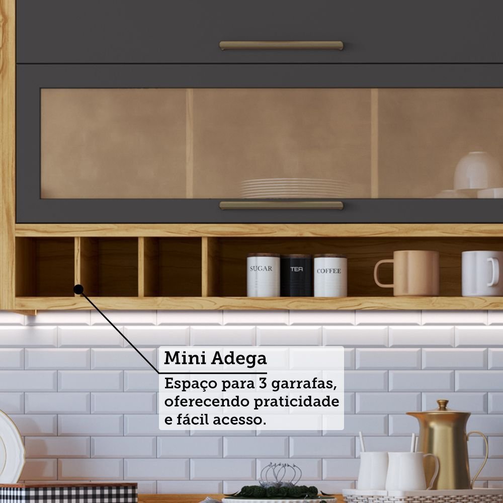 Cozinha Completa Modulada 100% MDF Vicenza Espresso Móveis 6 Peças 12 Portas 4 Gavetas Vidro Amêndoa/Chumbo 354,5x225x47cm