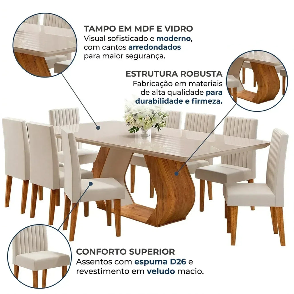 Conjunto Sala de Jantar Mesa Retangular Tampo Vidro e MDF com 8 Cadeiras Renova Yescasa