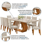 Conjunto Sala de Jantar Mesa Retangular Tampo Vidro e MDF com 8 Cadeiras Renova Yescasa