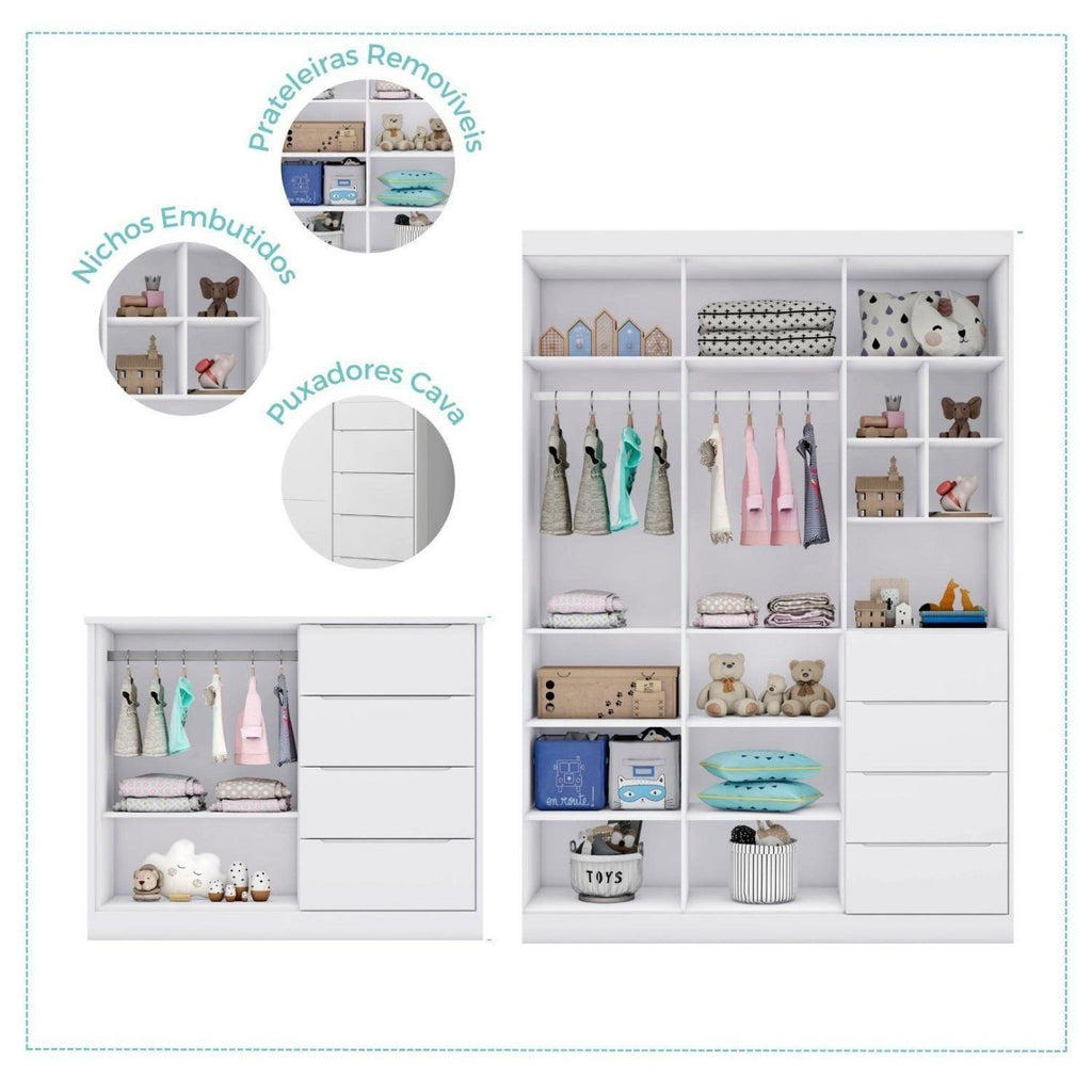 Quarto Infantil Completo Guarda-Roupa 3 Portas 4 Gavetas e Cômoda 4 Portas Eloá Branco Phoenix Baby