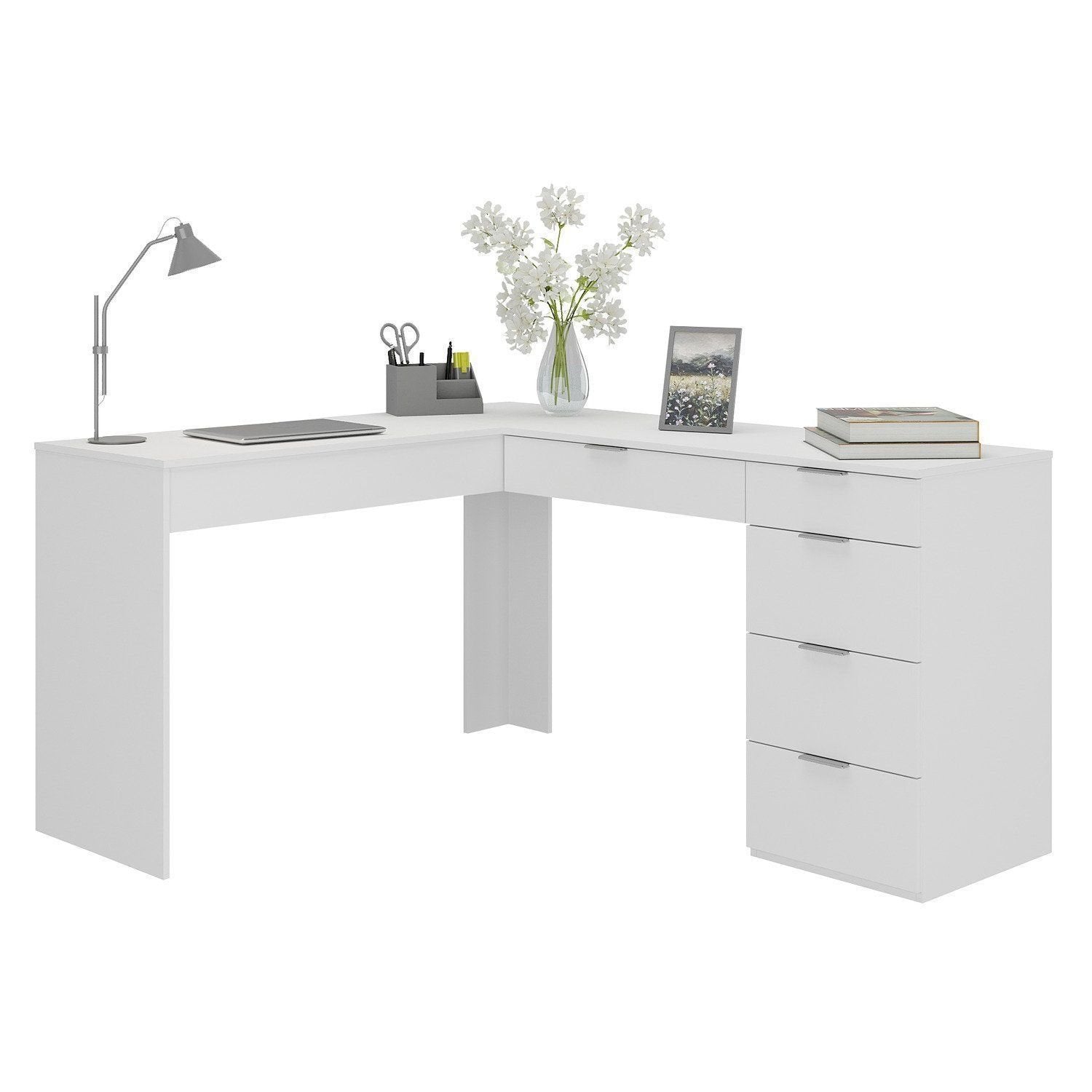 Escrivaninha em L com Mesa Escritório 5 Gavetas 152cm Branco Foscarini