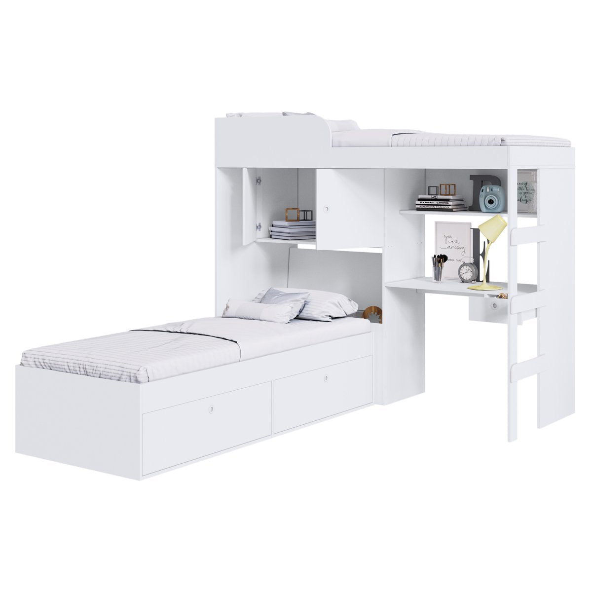 Conjunto Cama de Solteiro com Baú e Cama Alta Lion com Escada e Escrivaninha Branco Cj038 Art In Móveis
