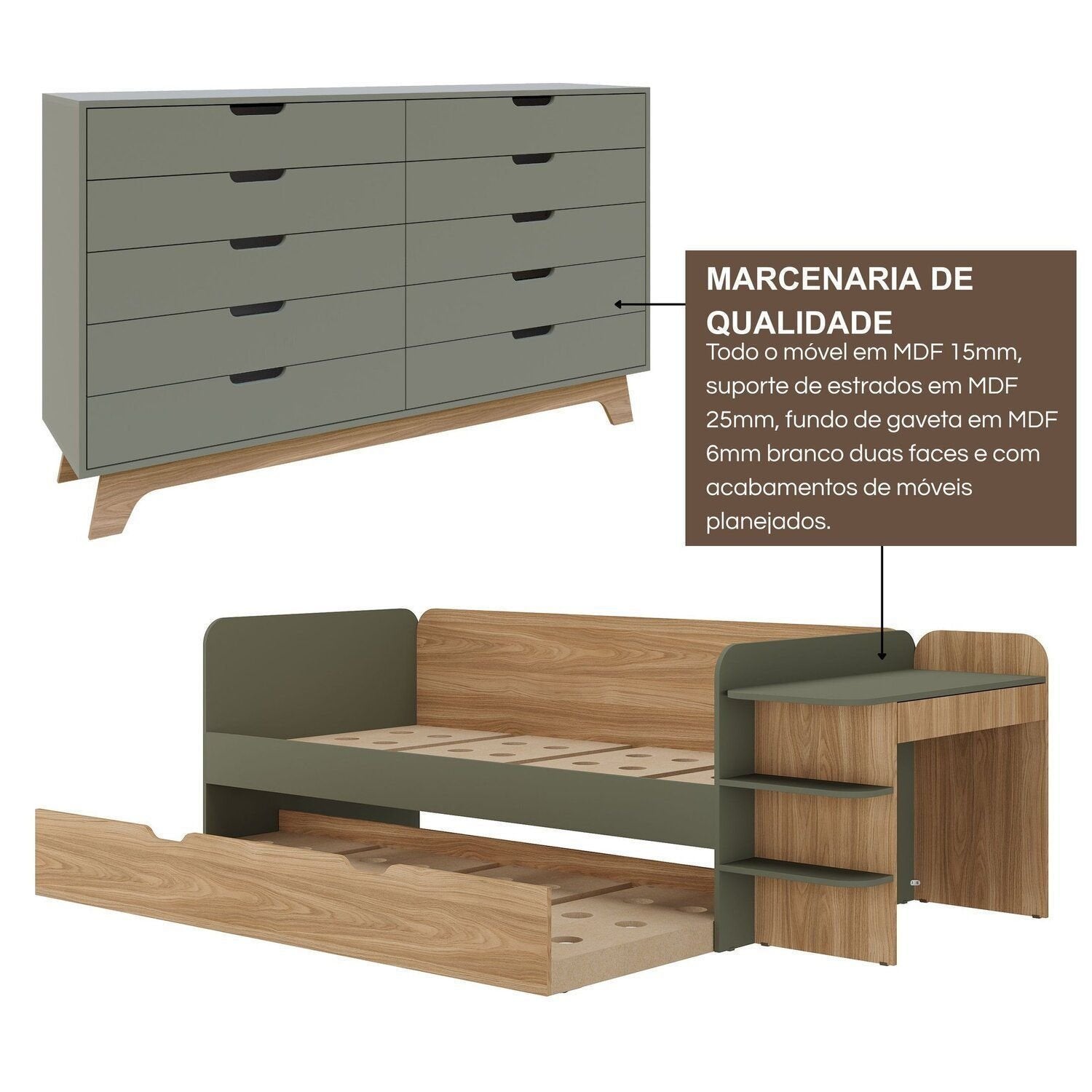 Quarto Infantil Completo com Cama de Solteiro 3 em 1 e Cômoda 10 Gavetas em MDF Premium Helena e Alice FD