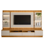 Painel e Bancada Rack Sala de Estar 297cm Madalena Modulado Led Ripado TV até 70 Polegadas Tauari/Off White Gran Belo