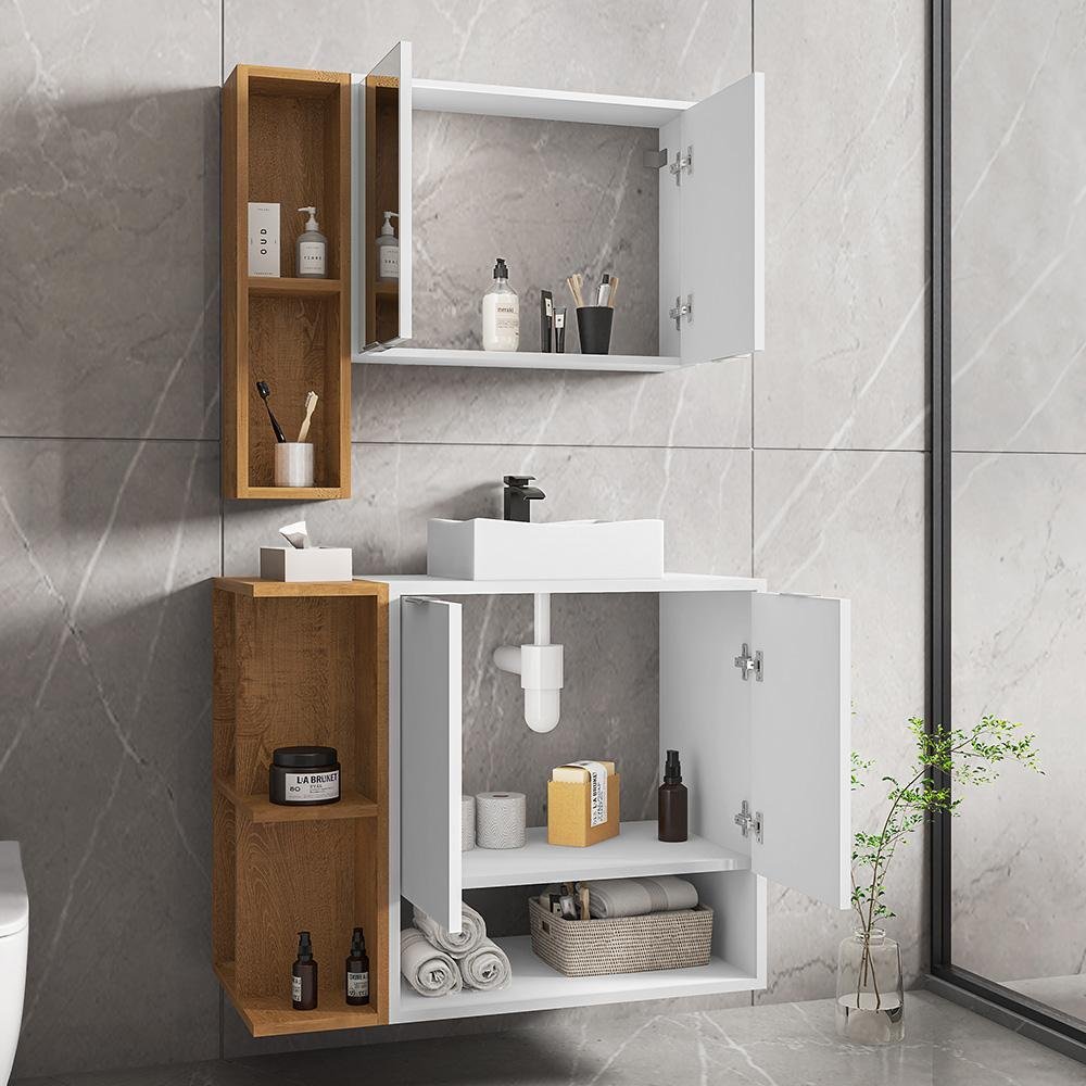Conjunto para Banheiro Gabinete Suspenso com Cuba e Espelheira Ibiza Móveis Bechara 70cm Branco/Naturalle