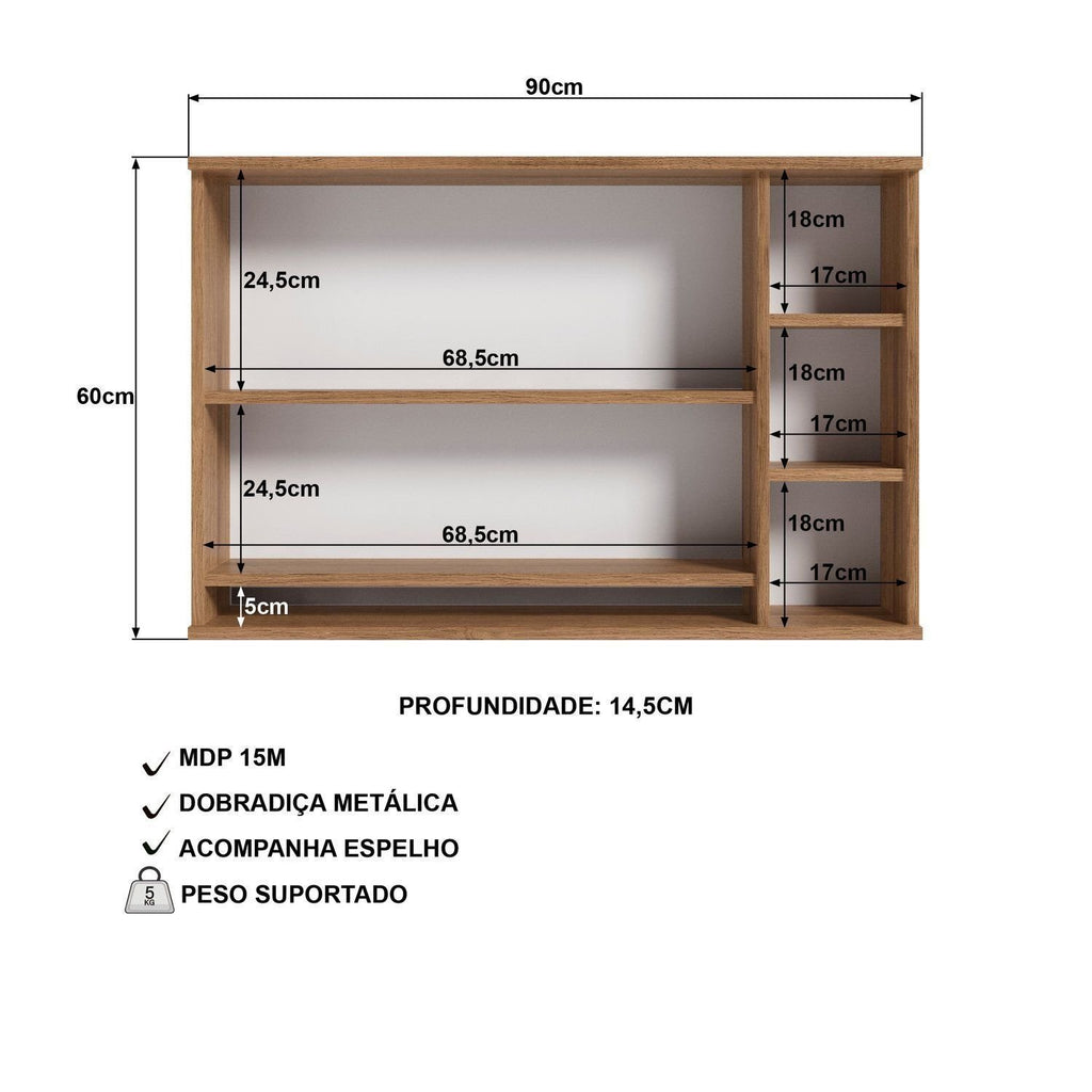 Armário Espelheira para Banheiro DJD Móveis EP400 2 Portas 90cm Mel