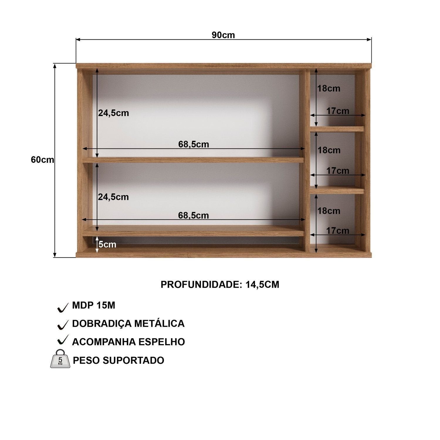 Armário Espelheira para Banheiro DJD Móveis EP400 2 Portas 90cm Mel