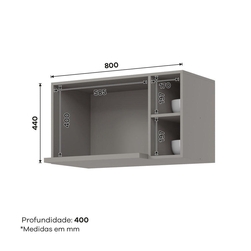 Armário Aéreo para Micro-ondas 3 Nichos 80cm Clássico Americana Cinza Henn