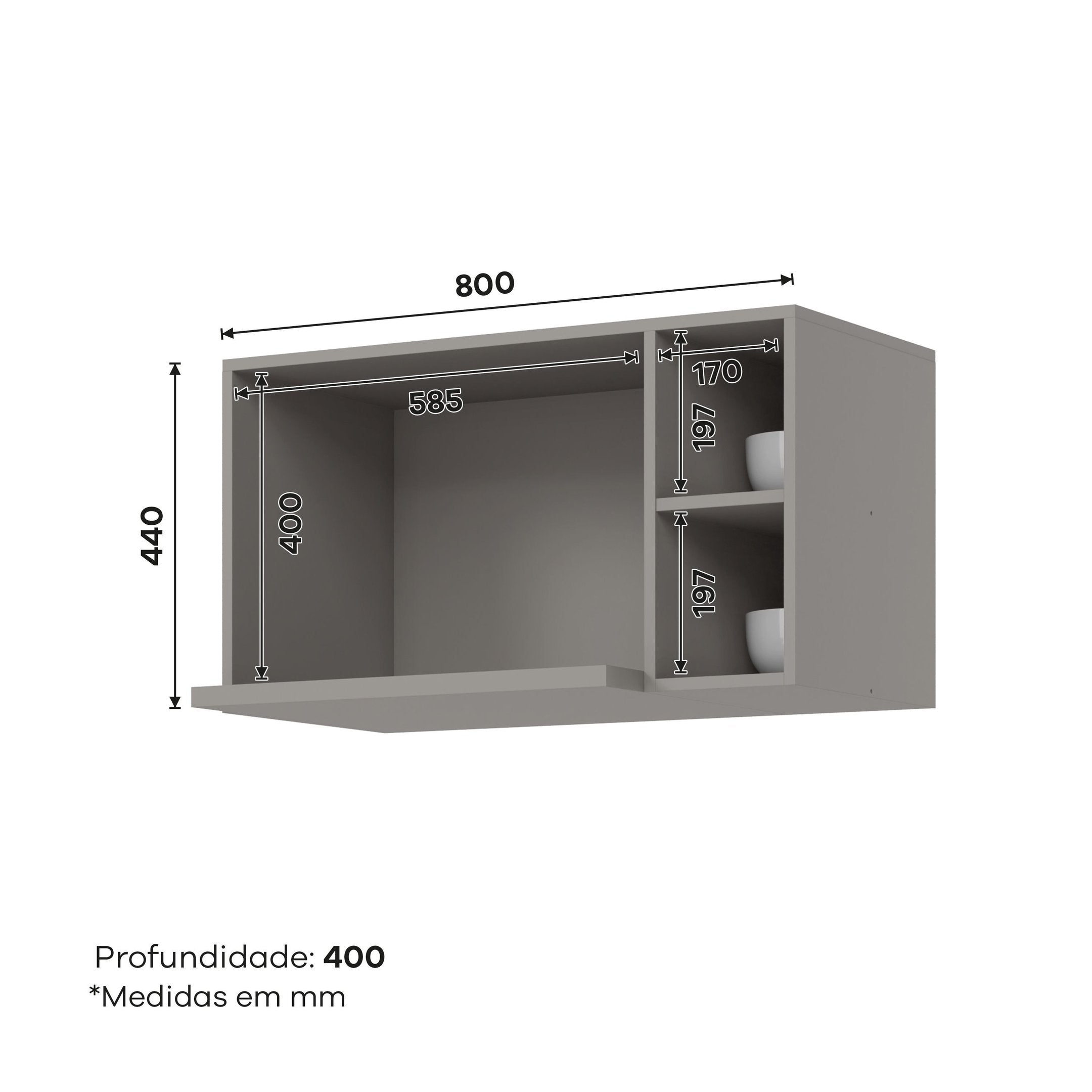 Armário Aéreo para Micro-ondas 3 Nichos 80cm Clássico Americana Cinza Henn