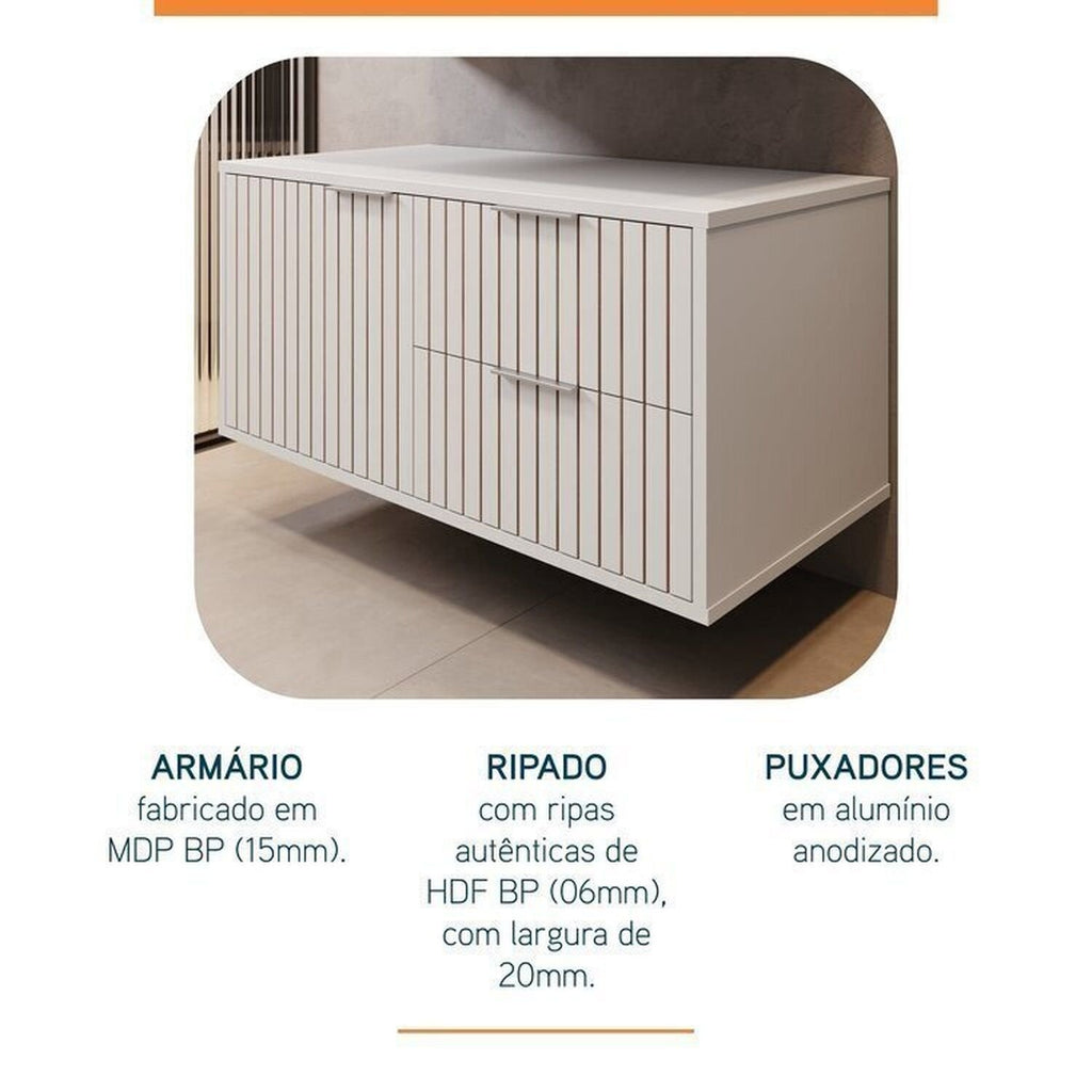 Conjunto para Banheiro Bancada em Porcelanato com Cuba Esculpida, Armário e Espelheira Ripy Bumi 80cm Branco
