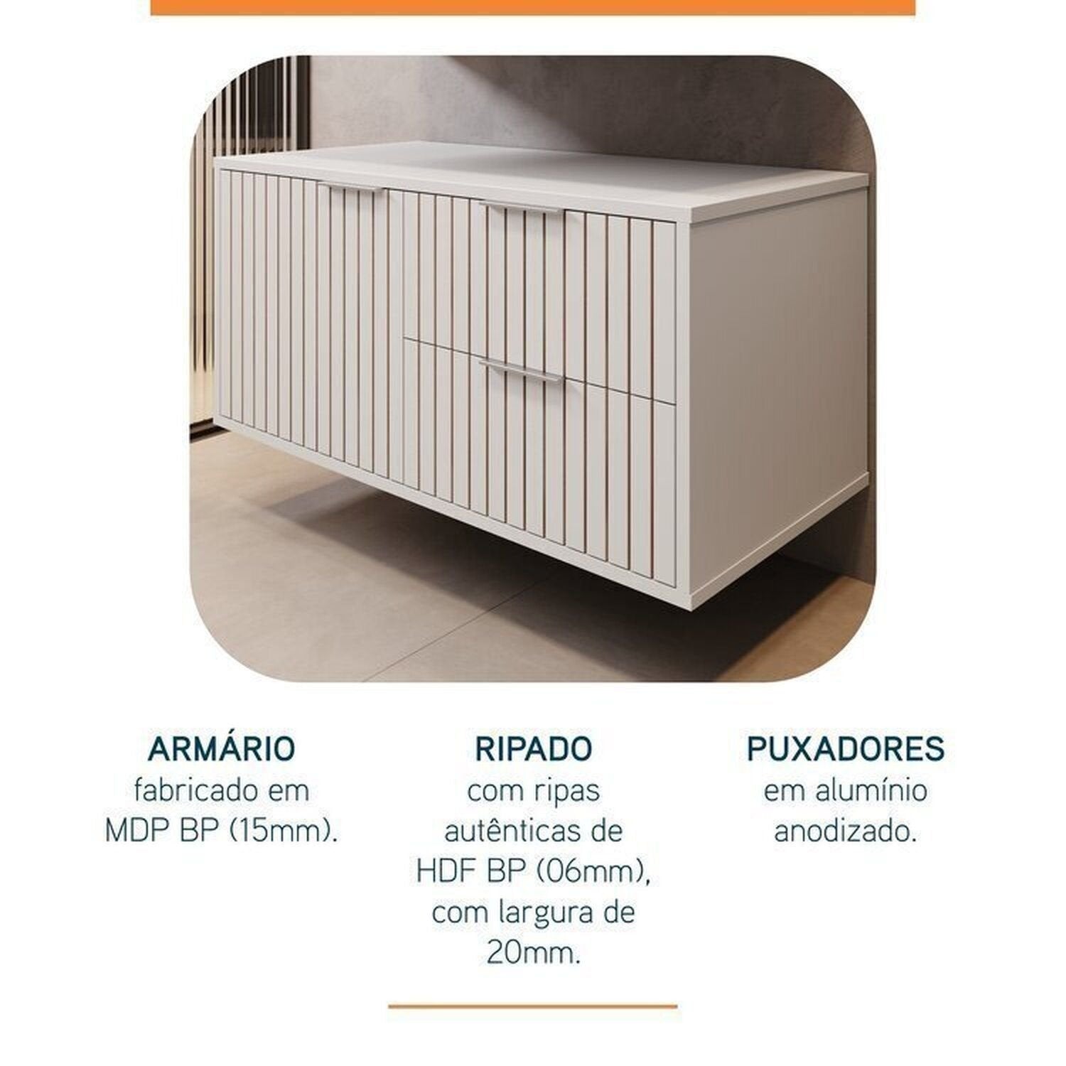 Conjunto para Banheiro Bancada em Porcelanato com Cuba Esculpida, Armário e Espelheira Ripy Bumi 80cm Branco