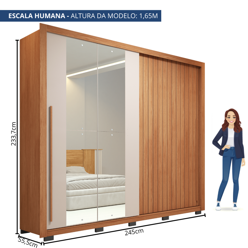 Guarda-Roupa Casal Ripado 2 Portas 4 Gavetas com Espelho Suburban Caemmun 100% MDP/MDF Freijó/Off White