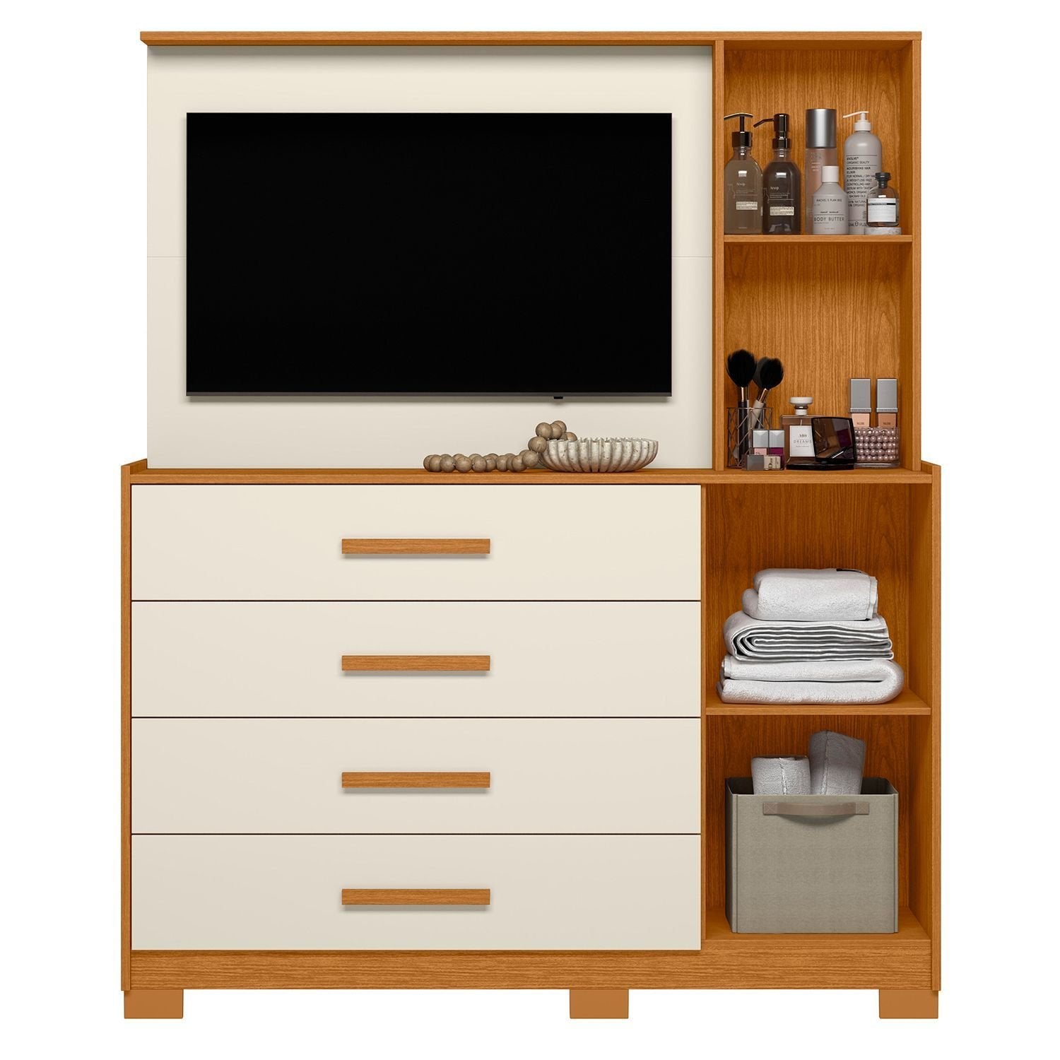 Cômoda com Painel TV 43" 4 Gavetas 2 Portas e Espelho Dunas Espresso Móveis Marrom/Cinamomo/Off White