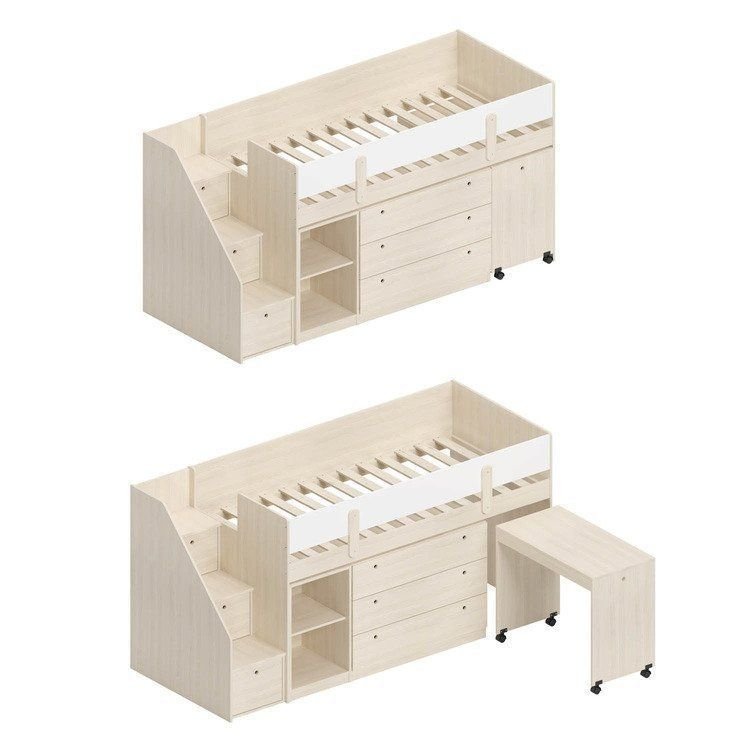 Quarto Infantil Completo Cama Elevada com Cômoda Escrivaninha Armário Artsy e Guarda-Roupa 4 Portas Curió Casatema MadeiraOriginals Natural