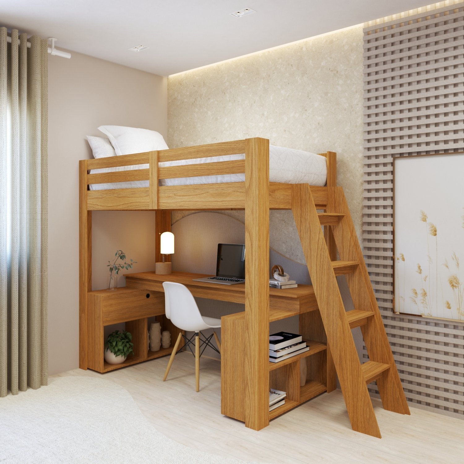 Cama Alta Beliche Office Solteiro Adulto com Escrivaninha Star Light Casatema Marrom/Freijó
