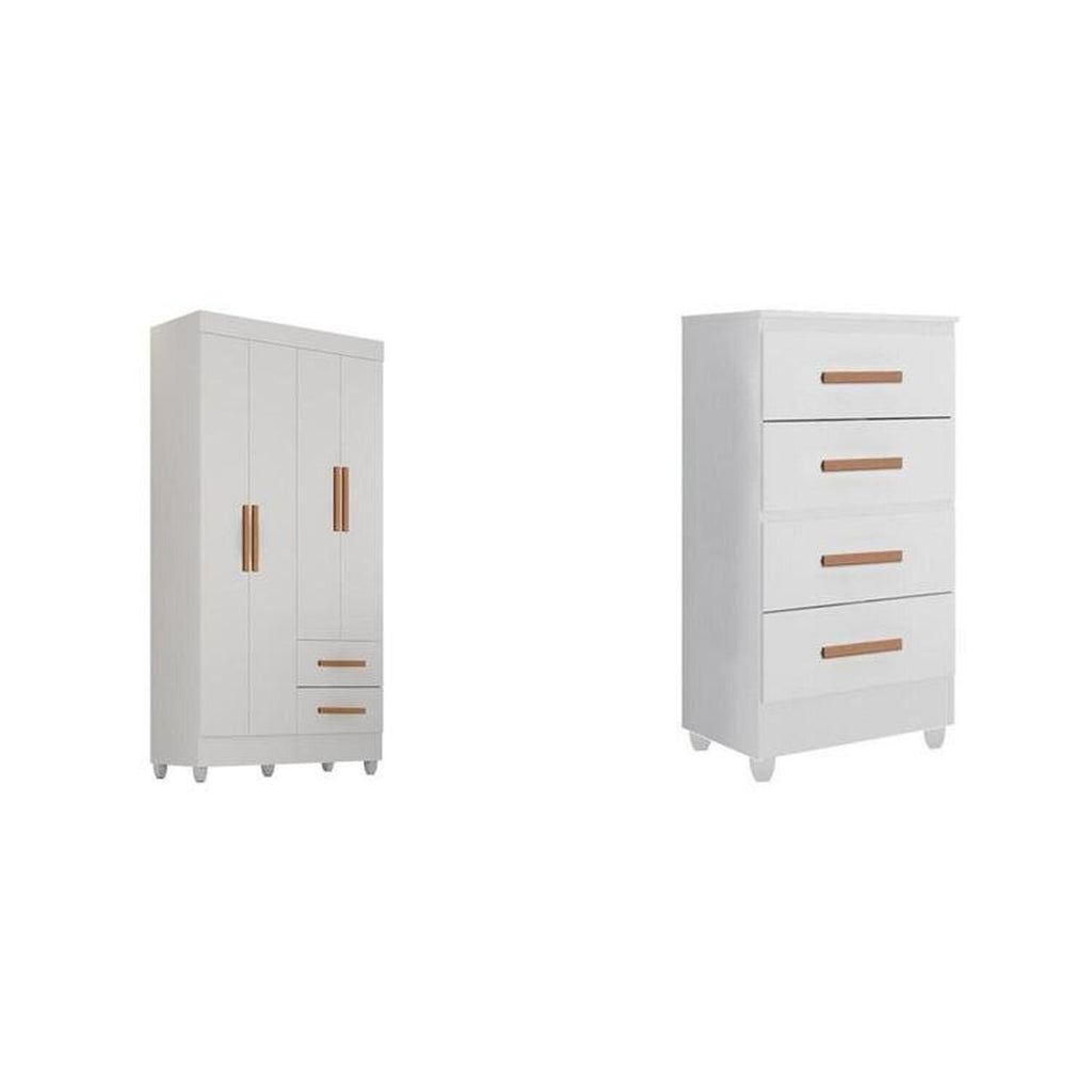 Quarto Bebê Infantil com Guarda-Roupa 4 Portas e 2 Gavetas e Cômoda 4 Gavetas Branco Móveis Leão
