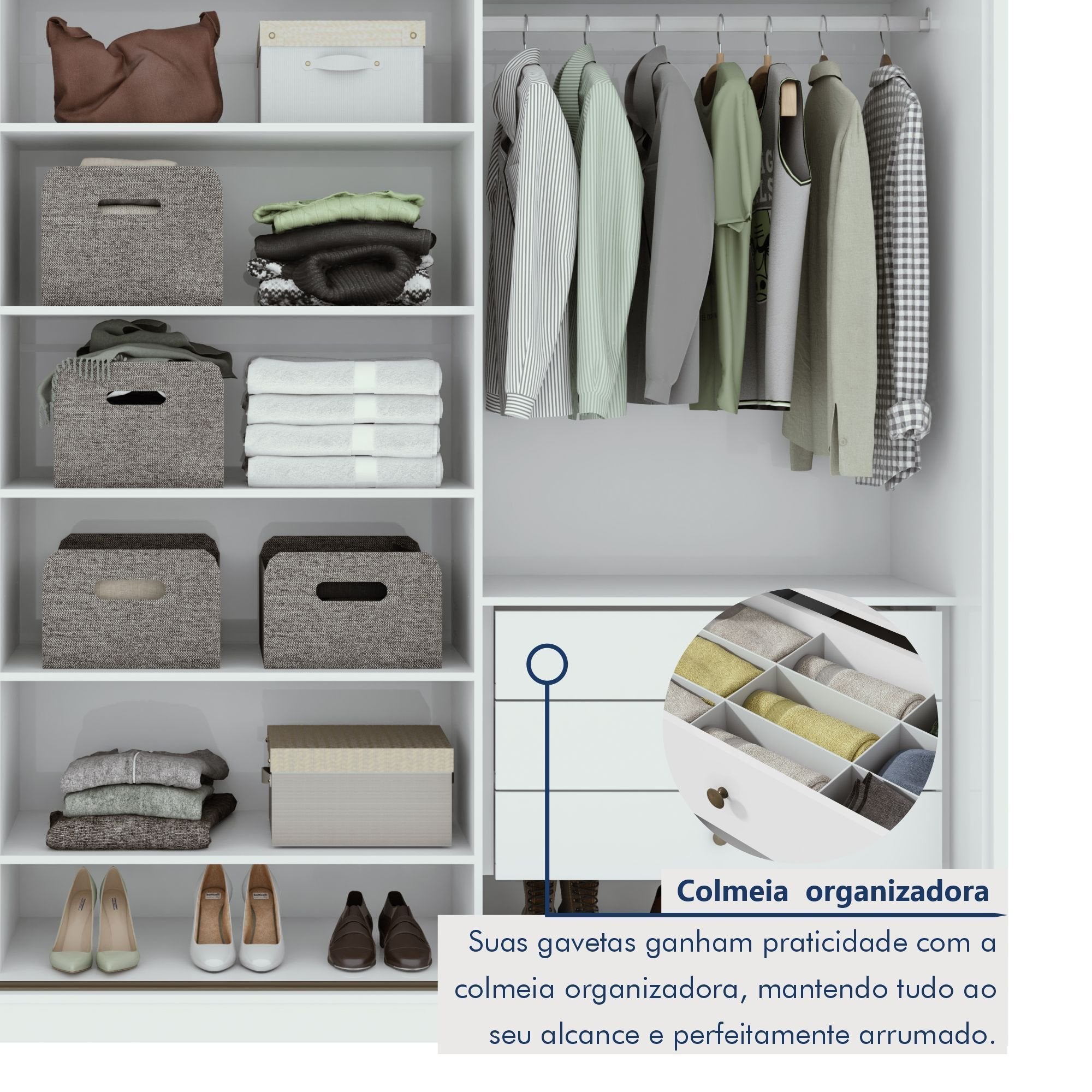 Guarda-Roupa Casal Spazio Yescasa 3 Portas Correr 6 Gavetas MDF 270cm Branco