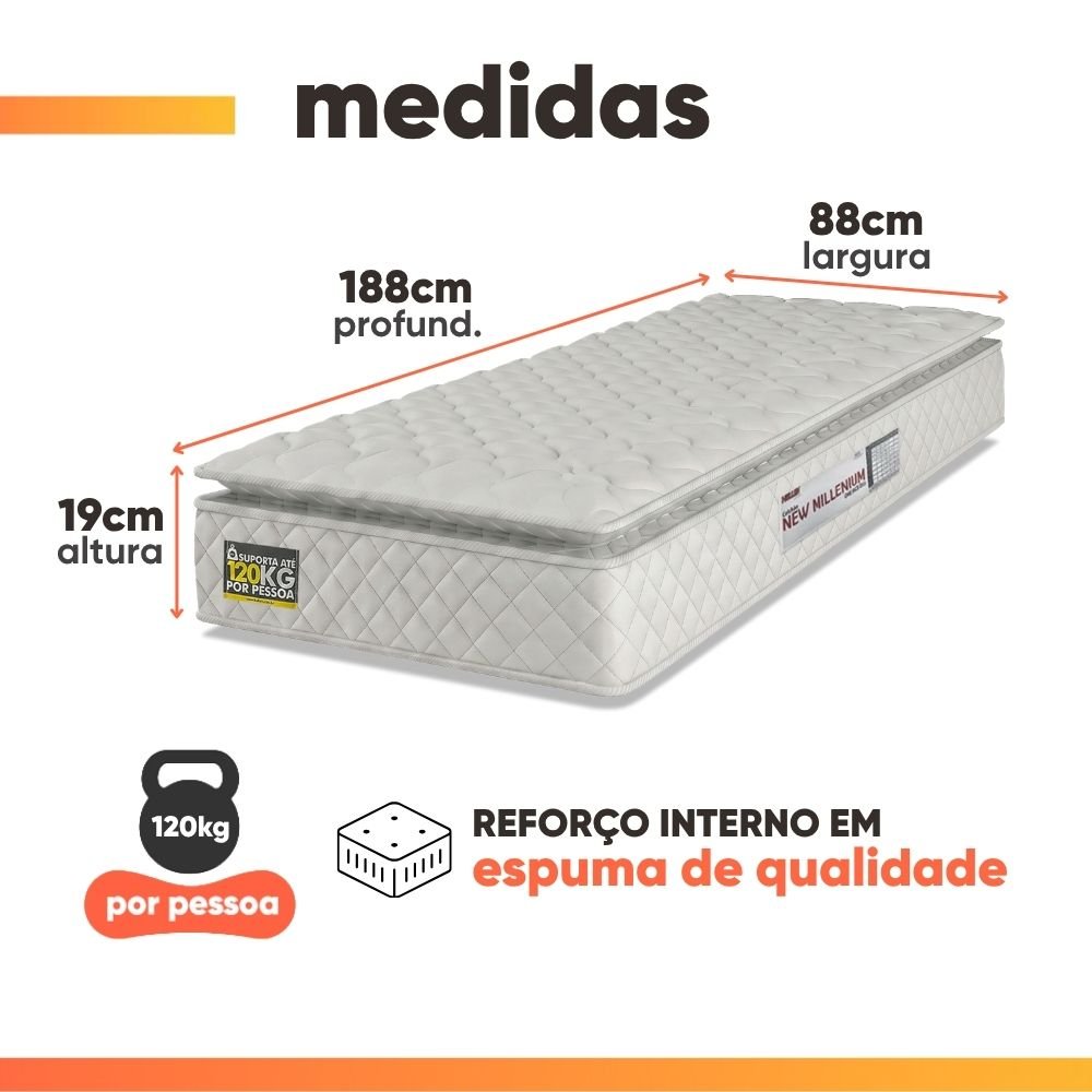 Colchão Solteiro Espuma D33 Pillow Top New Millenium Hellen Branco 88x188x19cm