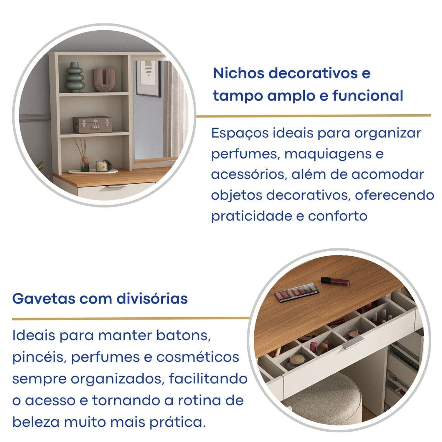 Penteadeira MDF 9 Gavetas com Espelho e LED Foscarini 8402 Bege/Argila/Carvalho Hanover
