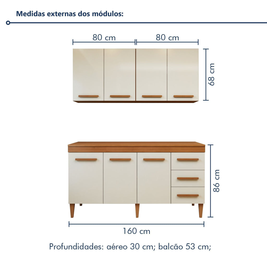 Cozinha Completa Modulada Atenas Kaiki Móveis 7 Portas 3 Gavetas Balcão Aéreo MDP Branco