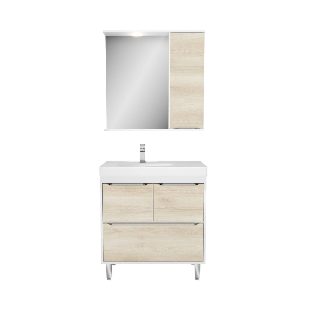 Conjunto para Banheiro Gabinete Suspenso com Cuba e Espelheira LED Malibu Ozini 80cm Branco/Legno Crema