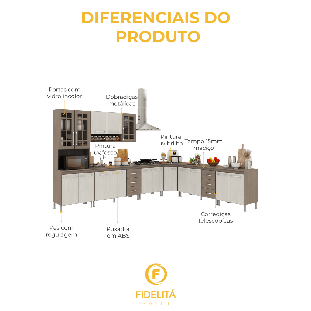 Armário de Cozinha Modulada Completa Fidelitá Paris 7 Peças 600cm 16 Portas 6 Gavetas com Tampo