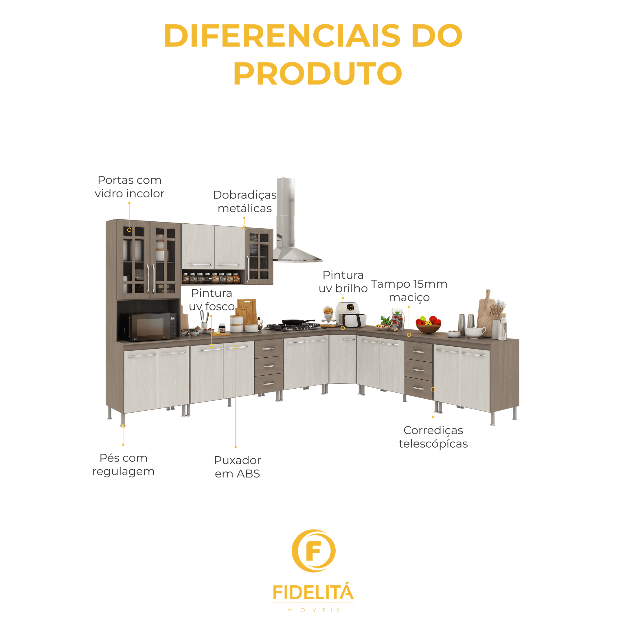 Armário de Cozinha Modulada Completa Fidelitá Paris 7 Peças 600cm 16 Portas 6 Gavetas com Tampo