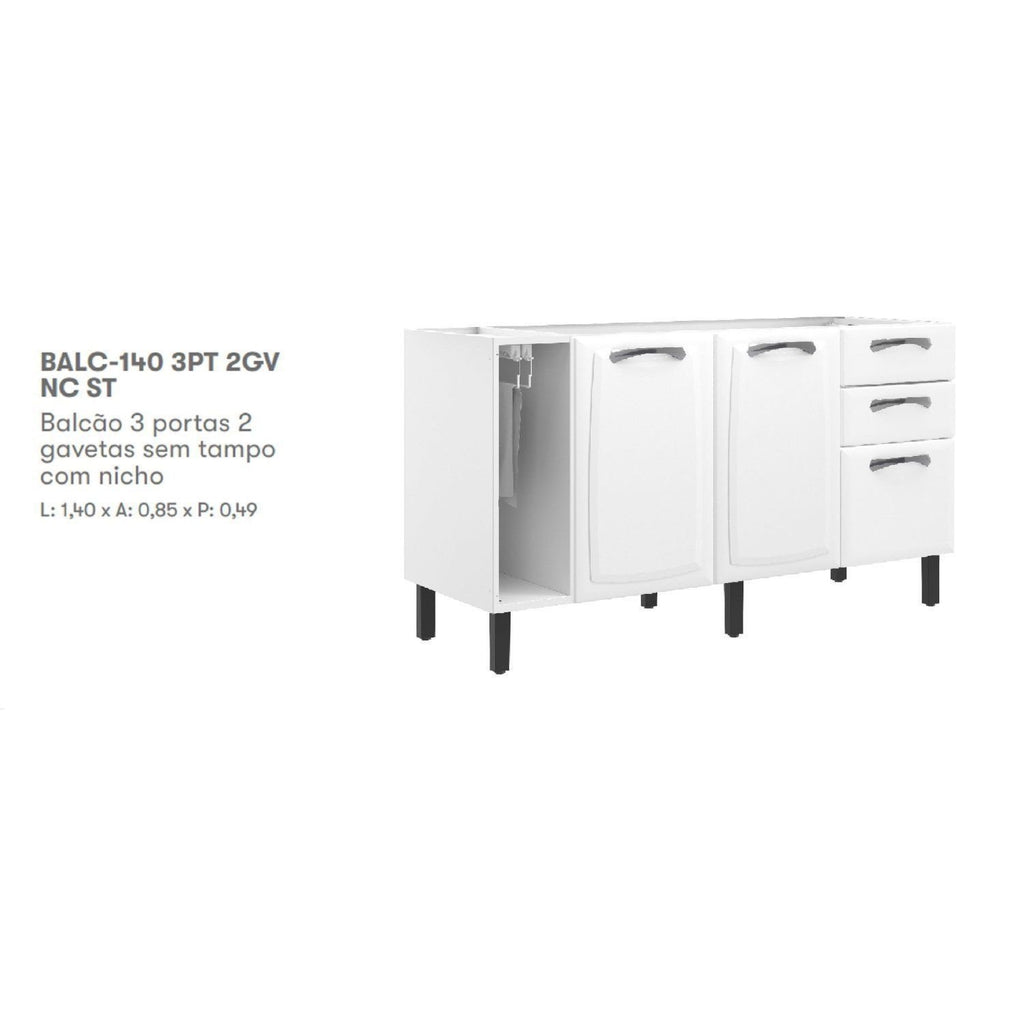 Balcão de Cozinha em Aço 3 Portas 2 Gavetas 140cm com Nicho Toalheiro sem Tampo New Premium Itatiaia Branco
