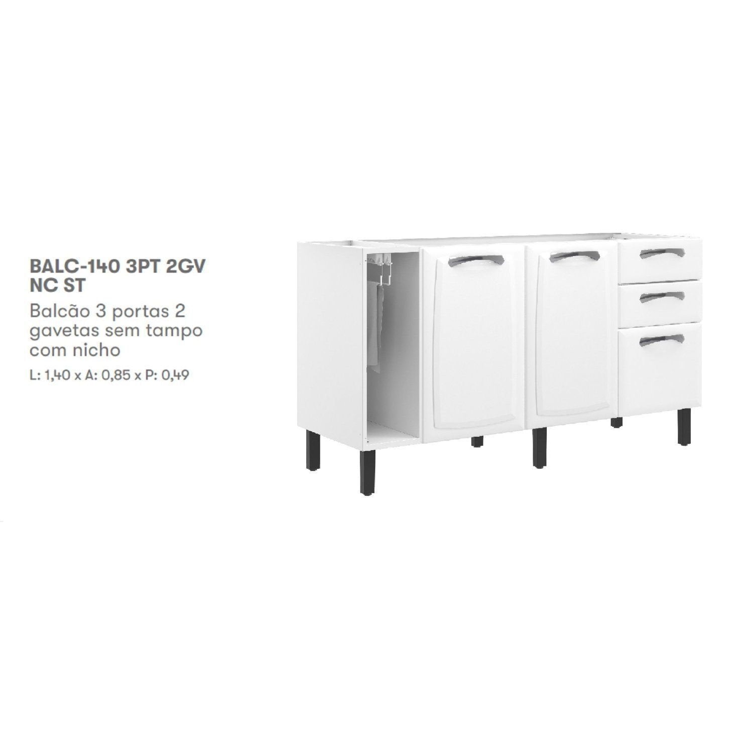 Balcão de Cozinha em Aço 3 Portas 2 Gavetas 140cm com Nicho Toalheiro sem Tampo New Premium Itatiaia Branco