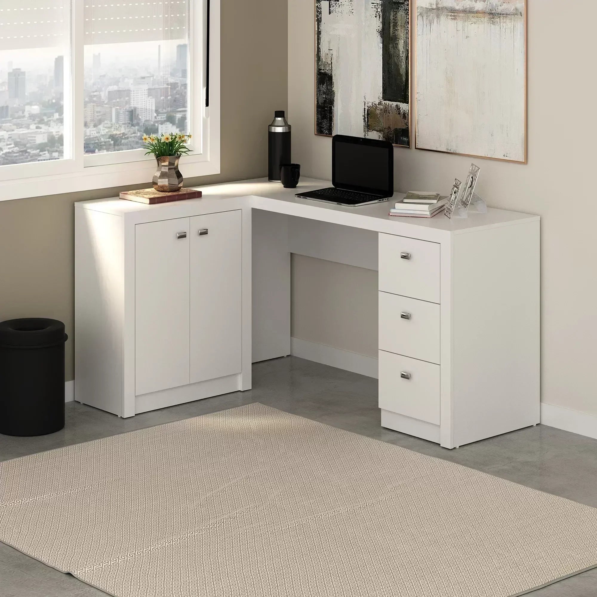 Escrivaninha Mesa Escritório em L com Armários ME4100 3 Gavetas 136cm Tecno Mobili