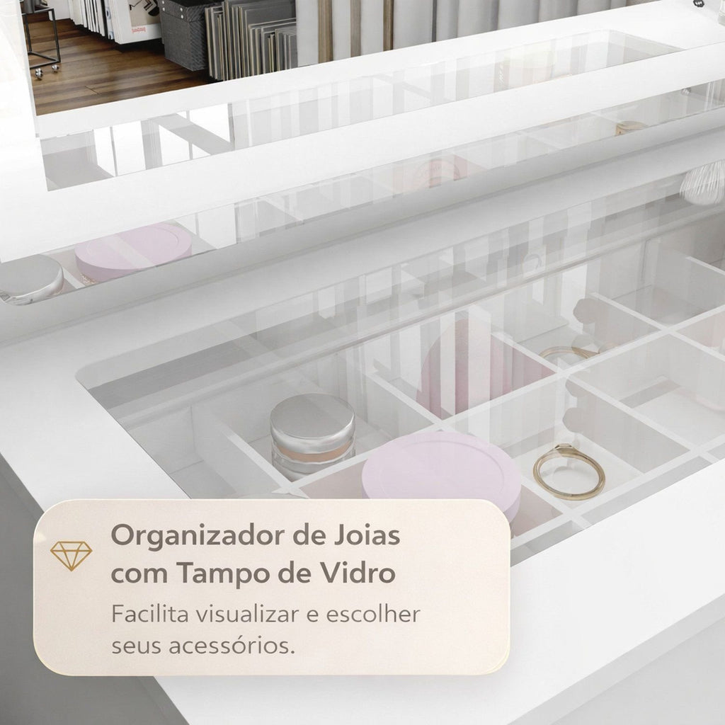 Penteadeira com LED 3 Gavetas 1 Porta e Nichos Bella Politorno Branco