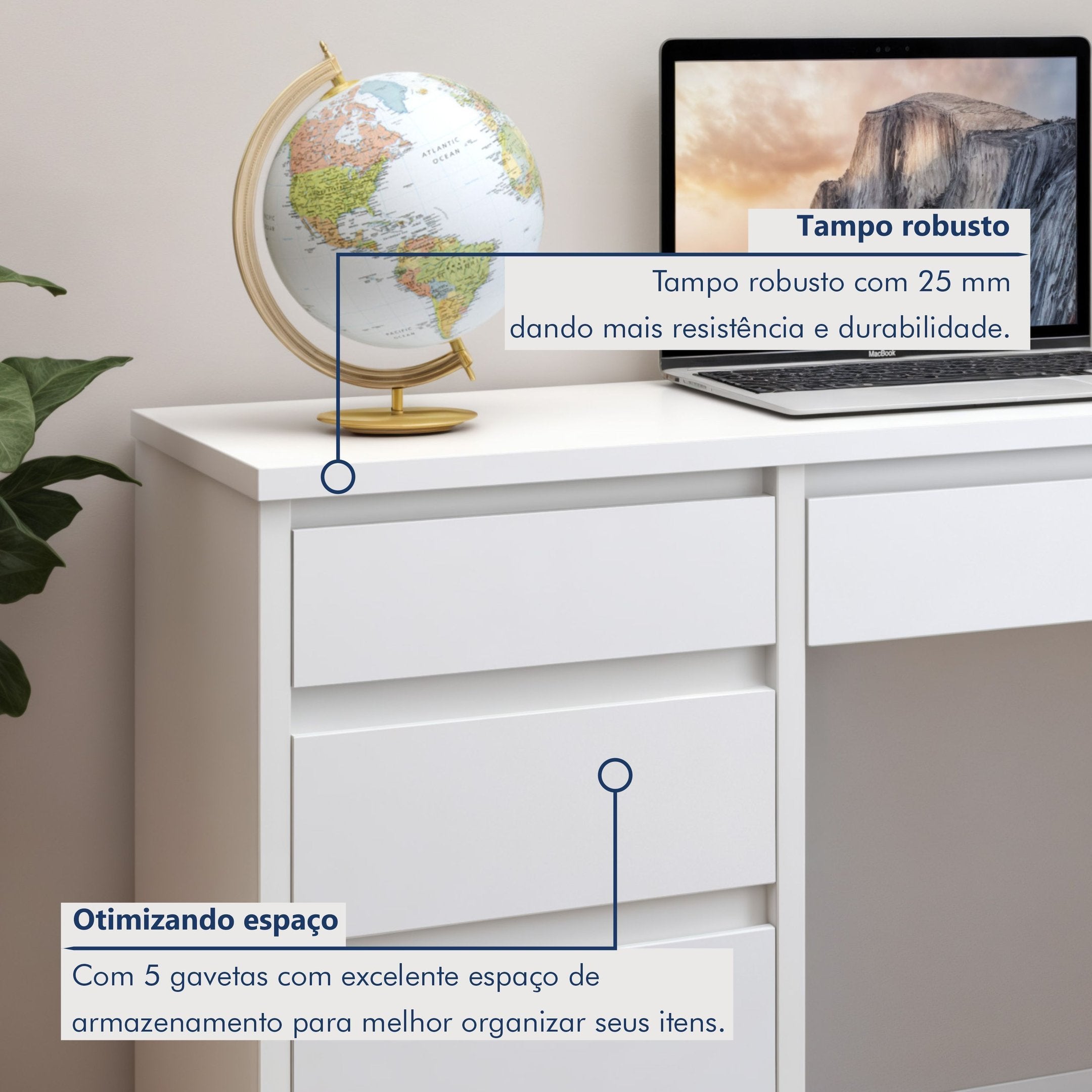 Escrivaninha 100% MDF Berlim 5 Gavetas 136cm Yescasa