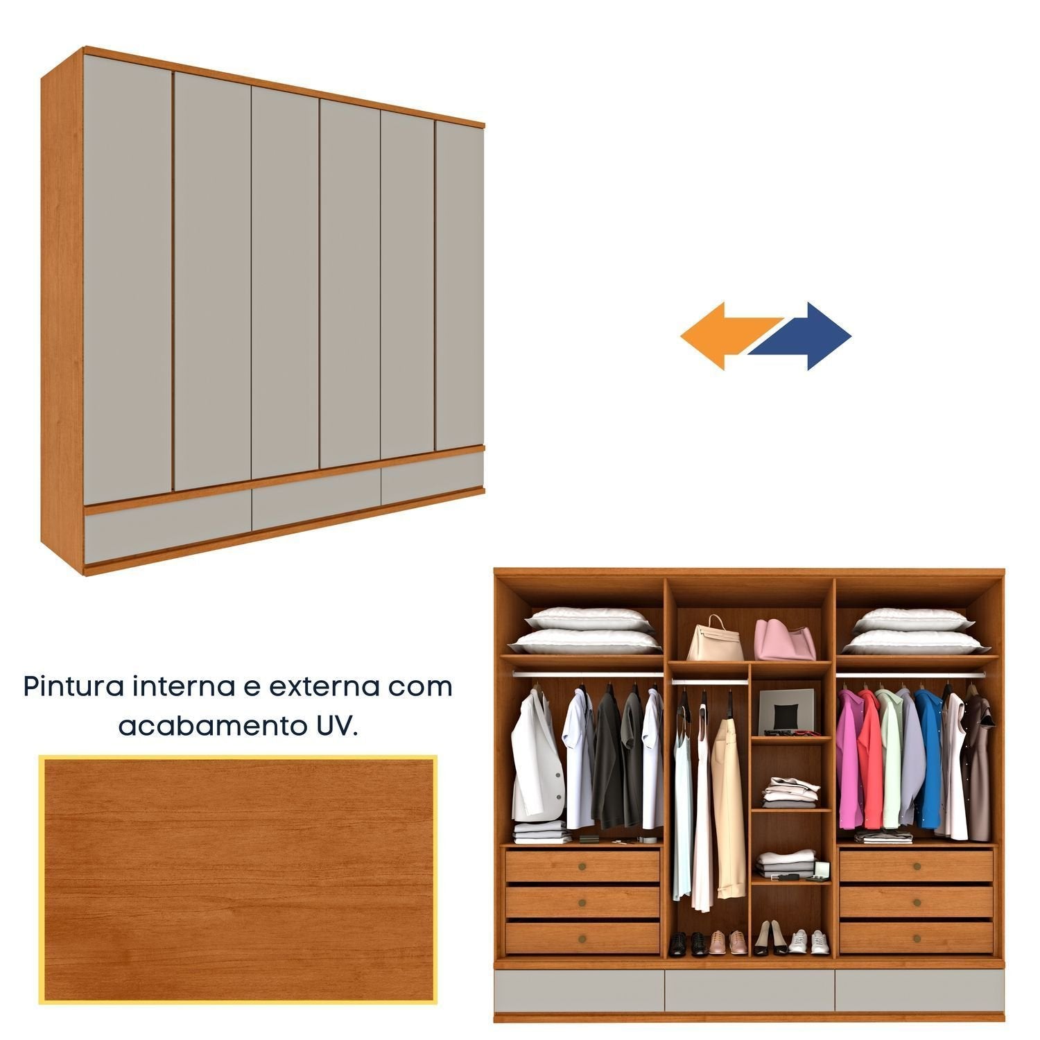 Guarda-Roupa Casal 6 Portas 9 Gavetas 270cm Tóquio Yescasa 100% MDF Bege/Cinamomo/Off White