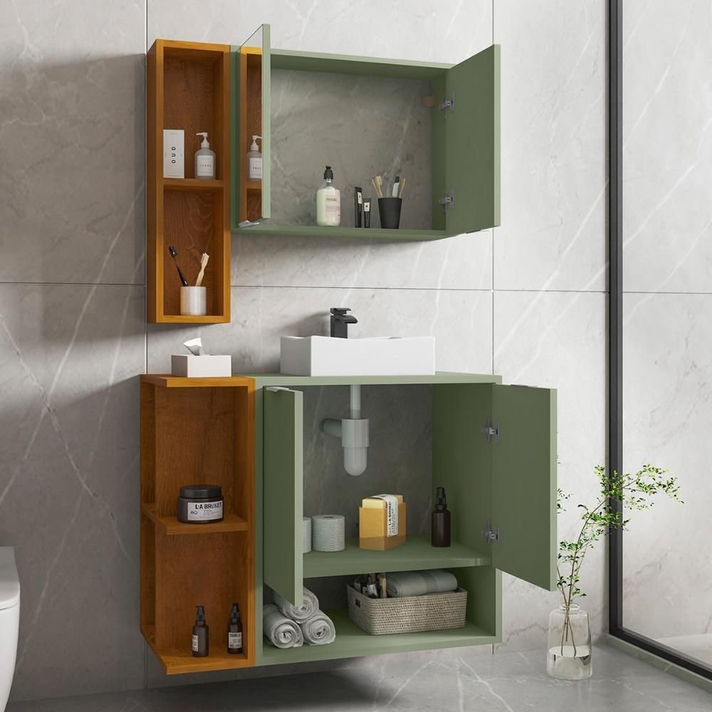 Conjunto para Banheiro Gabinete Suspenso com Cuba e Espelheira Ibiza Móveis Bechara 70cm Pistache/Naturale