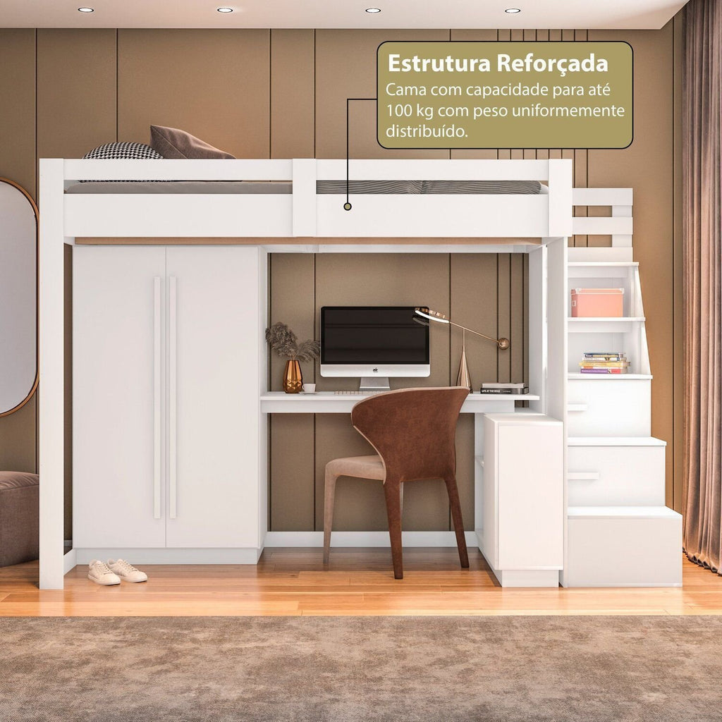 Cama Alta Beliche Office Adulto com Roupeiro e Escrivaninha Moon Yescasa Branco