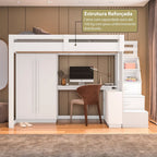 Cama Alta Beliche Office Adulto com Roupeiro e Escrivaninha Moon Yescasa Branco